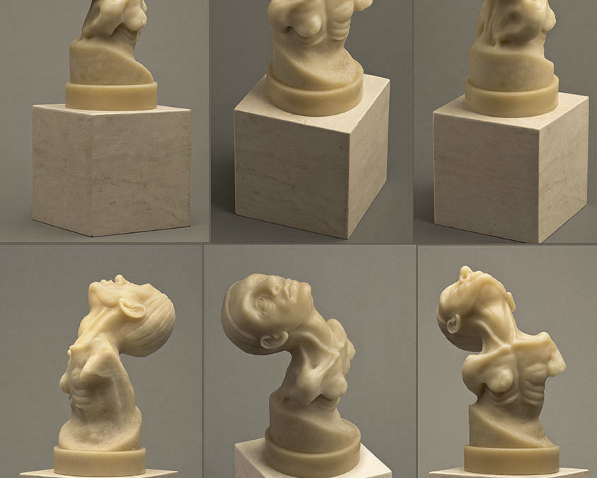 Bust, (six views), 5” x 6” x 10”, carved kiln cast glass, 2014