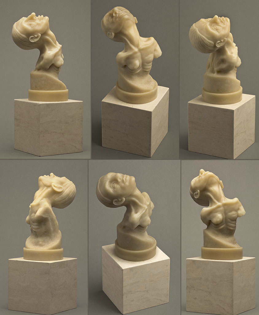 Bust, (six views), 5” x 6” x 10”, carved kiln cast glass, 2014