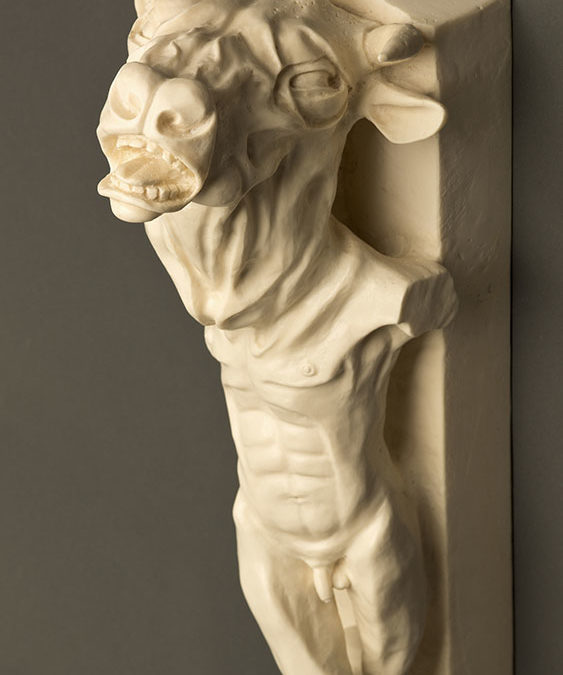 Minotaur, 6.5″ x 7″ x 18″, carved kiln cast glass, 2014