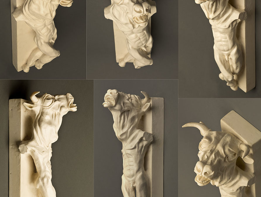 Minotaur, (six views) 8″ × 8″ x 17″, carved kiln cast glass, 2014