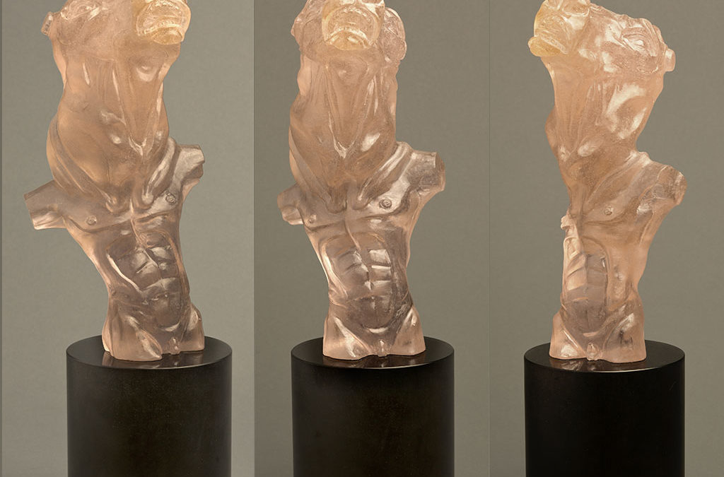 Minotaur (pink, standing, three views), 7″ × 6″ x 18″, carved kiln cast glass, 2014