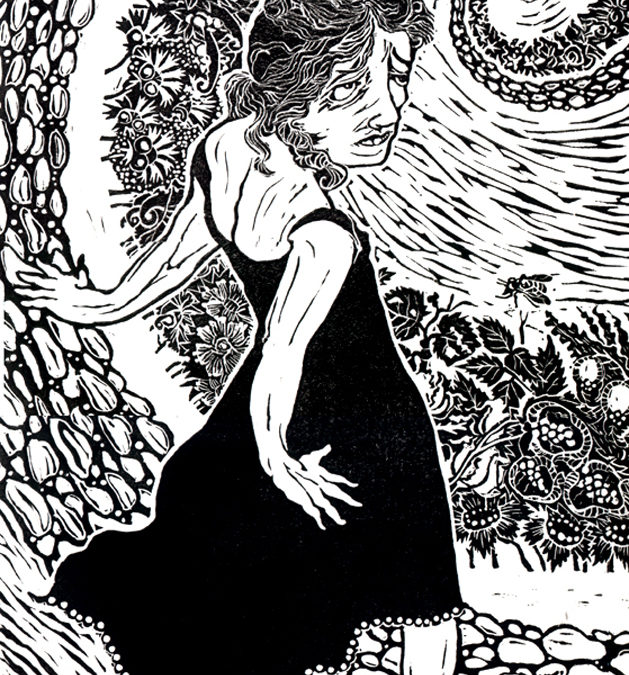 Swan Dive,  linoleum cut, 12″ × 19″, 1996