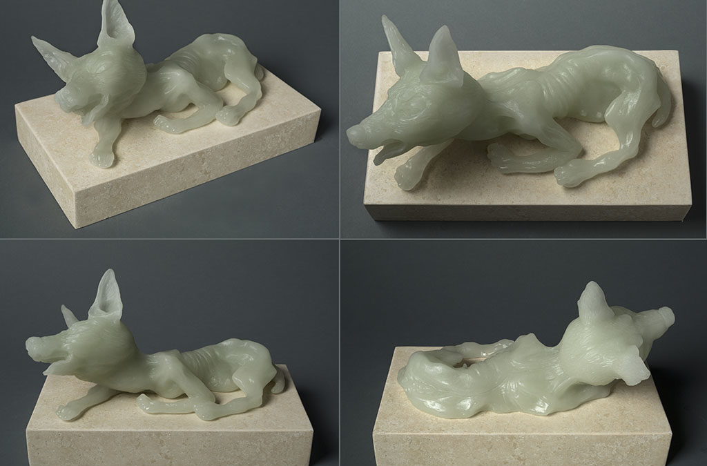 Female Dog, (four views) 13″ x 7″ x 10″, carved kiln cast glass, 2014