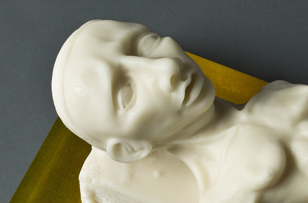 Soap Mummy, (close up) 8.5″ x 14″ x 8″, carved kiln cast glass, 2014